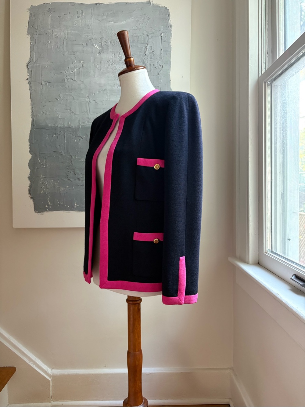CHANEL 90s Black and Barbie Pink Wool Knit Jacket FR 36 US 4 Karl Lagerfeld - Picture 4 of 14